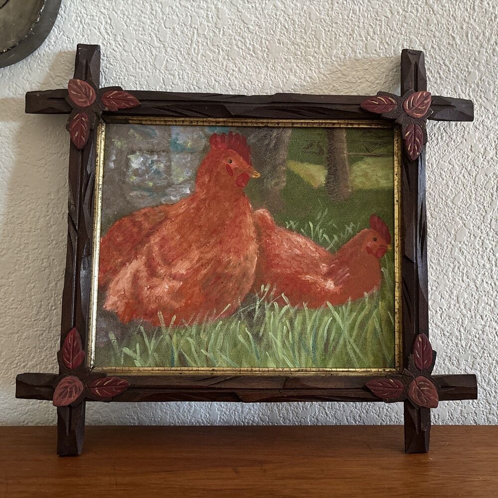 Adirondack Folk Art Picture Frame Leaf Cross Corner Painted Wood Chicken 18"